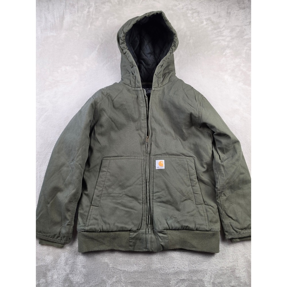 Carhartt Active Jacket Kids L 14-16 Green Quilted Lined Hooded Canvas Coat